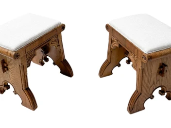 Arts & Crafts Hand-Carved Oak Stools with Boucle Upholstery, 1900s